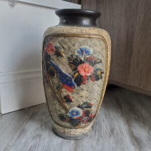 Vintage Asian Japanese Hand Painted Floral Pottery Vase